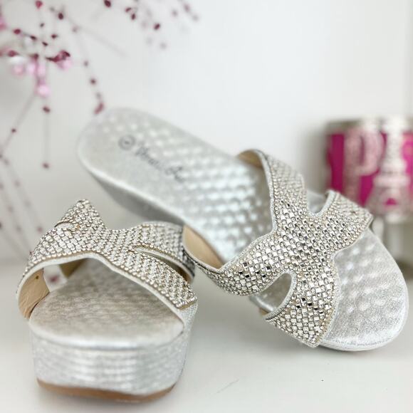 Verano Rio Rhinestone Embellished Platform Wedge Heel Slide Sandal Silver Size 8 - Picture 13 of 13